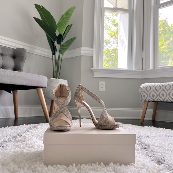JIMMY CHOO Vision 120 Macaroon & Sand Lamé  Glitter Metallic Nappa Sandals 36💕 - Picture 2 of 8